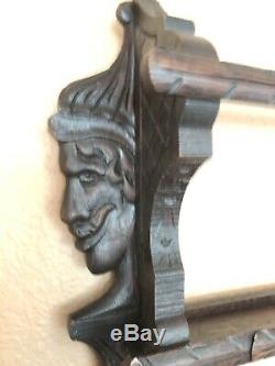 Antique French Oak Carved Hanging Plate Rack 2 Men's Faces c. Late 19th Cent