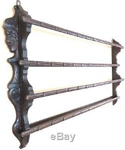 Antique French Oak Carved Hanging Plate Rack Carved Faces c. Late 19th Century