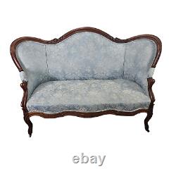 Antique French Settee Blue Damask Floral Patterns Wood Furniture Late 19th C
