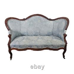 Antique French Settee Blue Damask Floral Patterns Wood Furniture Late 19th C