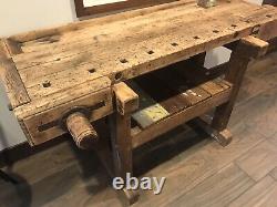 Antique Late 1800's Carpenters Woodworkers Wood Bench 2 Vises