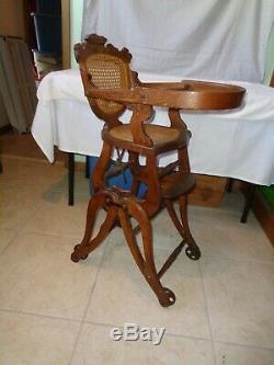 Antique Late 1800's Carved Walnut Cane Back Collapsible High Chair / Rocker WOW