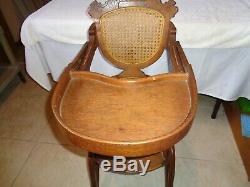 Antique Late 1800's Carved Walnut Cane Back Collapsible High Chair / Rocker WOW