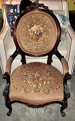 Antique Late 1800's Rosewood Victorian Arm Chair Needlepoint Back & Seat