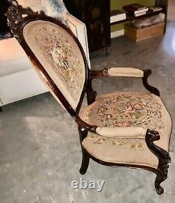 Antique Late 1800's Rosewood Victorian Arm Chair Needlepoint Back & Seat