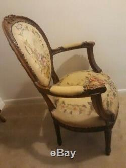 Antique Late 1800C French Walnut Carved Louis XVI Armchair/Fauteuil Needlepoint