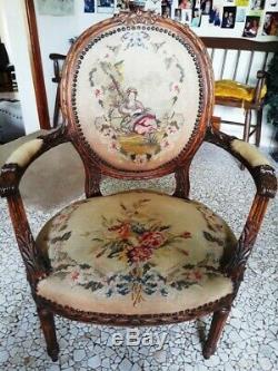 Antique Late 1800C French Walnut Carved Louis XVI Armchair/Fauteuil Needlepoint
