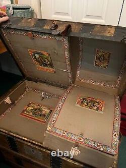 Antique Late 1800s C. W. Miller Steamer Trunk with Original Keys & Artwork