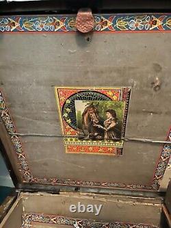 Antique Late 1800s C. W. Miller Steamer Trunk with Original Keys & Artwork