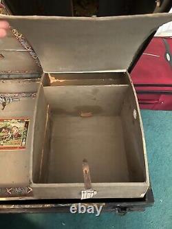 Antique Late 1800s C. W. Miller Steamer Trunk with Original Keys & Artwork