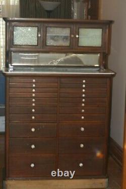 Antique Late 1910s Wooden Dental Cabinet w Frosted Glass Doors & Marble Base