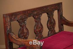 Antique Late 19th. C. Carved Oak Settle or Hall Bench c. 1890