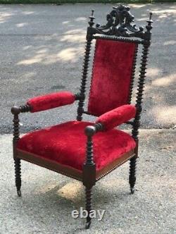 Antique Late 19th C. Gothic Revival Carved Wood Upholstered Arm Chair