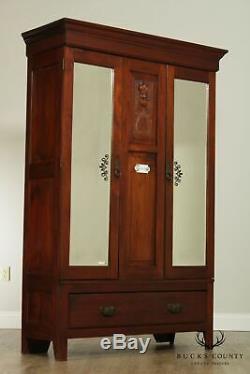 Antique Late 19th Century English Mahogany Mirror Doors Wardrobe Armoire