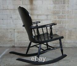 Antique Late Victorian Black Painted Oak Stag Back Hunt Rocker Rocking Chair