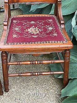 Antique Late Victorian Eastlake Needlepoint Wooden Chairs Pair