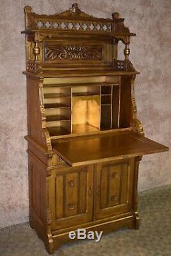 Antique Late Victorian Eastlake Style Carved Slant Front Desk