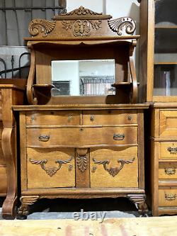 Antique Late Victorian Solid Quartersawn Oak Buffet Sideboard Server Cabinet