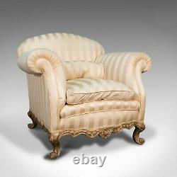 Antique Lounge Armchair, French, Textile, Beech, Tub Seat, Late Victorian, 1900