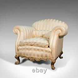 Antique Lounge Armchair, French, Textile, Beech, Tub Seat, Late Victorian, 1900
