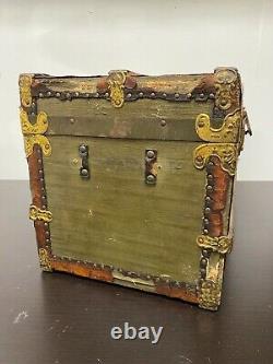 Antique Miniature Steamer Doll Trunk Leather Flat Top Late 19th C