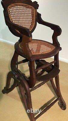 Antique Oak Folding High Chair and rocker from late 1800's with cane seat