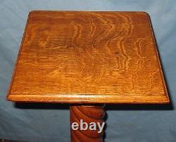 Antique Oak Pedestal Plant Stand Round Base Twisted Rope Column Square Tier Top