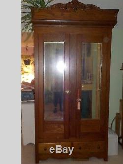 Antique Oak Wardrobe Armoire in Original Condition Two Doors Late 1800 & Mirror
