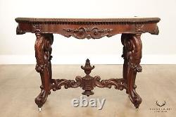Antique Renaissance Revival Carved Mahogany Marble Turtle Top Center Table