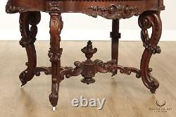 Antique Renaissance Revival Carved Mahogany Marble Turtle Top Center Table