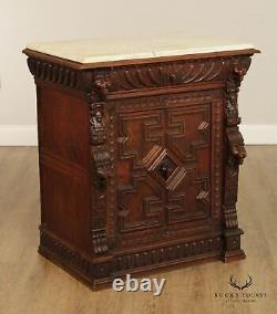 Antique Renaissance Revival Carved Oak Marble Top Single Door Cabinet