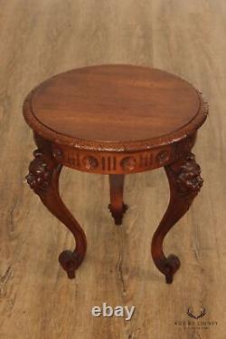 Antique Renaissance Revival Mahogany Lion Carved Round Taboret Side Drinks Table