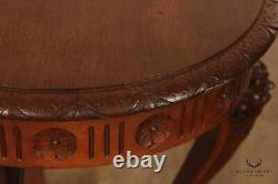 Antique Renaissance Revival Mahogany Lion Carved Round Taboret Side Drinks Table