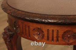 Antique Renaissance Revival Mahogany Lion Carved Round Taboret Side Drinks Table