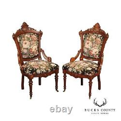 Antique Renaissance Revival Pair of Carved Walnut Armchairs