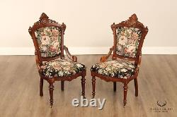 Antique Renaissance Revival Pair of Carved Walnut Armchairs