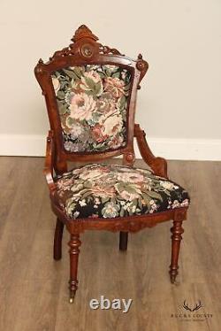 Antique Renaissance Revival Pair of Carved Walnut Armchairs