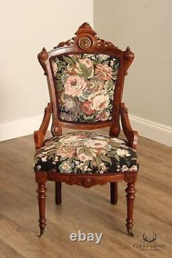 Antique Renaissance Revival Pair of Carved Walnut Armchairs