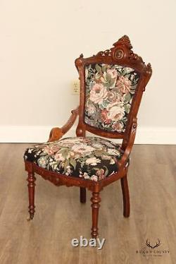 Antique Renaissance Revival Pair of Carved Walnut Armchairs