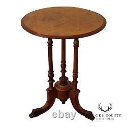 Antique Victorian Carved Inlaid Burl Wood Round Side Table