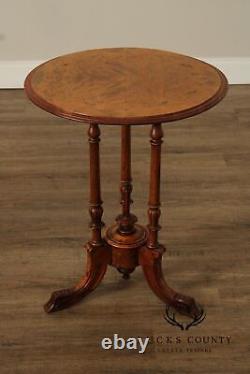 Antique Victorian Carved Inlaid Burl Wood Round Side Table