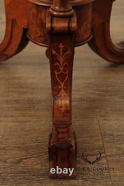 Antique Victorian Carved Inlaid Burl Wood Round Side Table