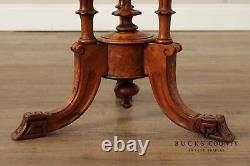 Antique Victorian Carved Inlaid Burl Wood Round Side Table