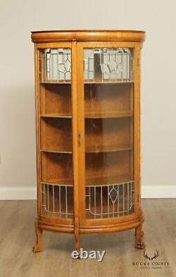 Antique Victorian Curved Leaded Glass Oak China Cabinet