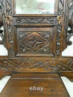 Antique Victorian Gothic Late 1800s Carved Oak Green Man and Dragon Hall Tree