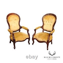 Antique Victorian Lady's and Gentleman's Complimenting Pair of Walnut Armchairs