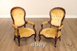 Antique Victorian Lady's and Gentleman's Complimenting Pair of Walnut Armchairs