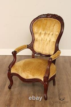 Antique Victorian Lady's and Gentleman's Complimenting Pair of Walnut Armchairs