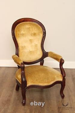 Antique Victorian Lady's and Gentleman's Complimenting Pair of Walnut Armchairs