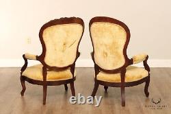 Antique Victorian Lady's and Gentleman's Complimenting Pair of Walnut Armchairs